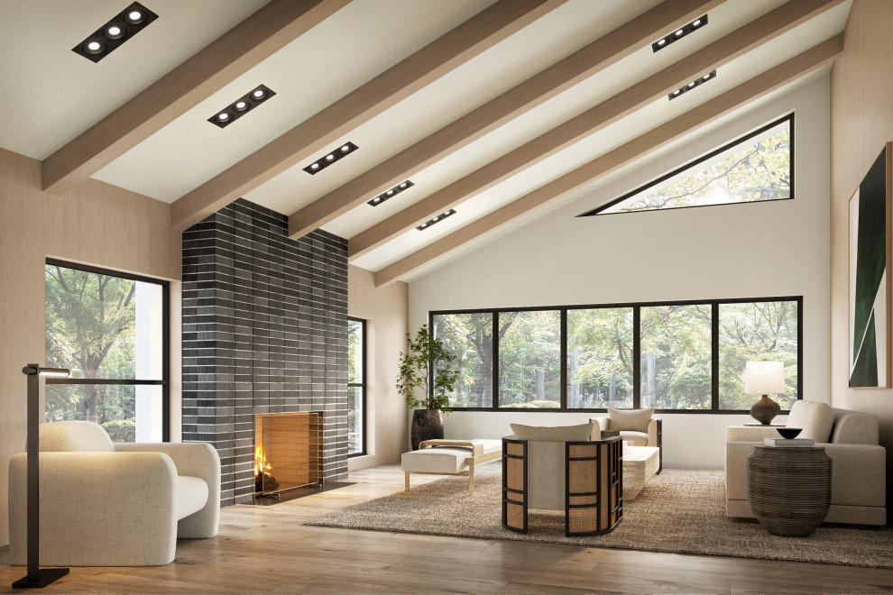 Large modern formal open plan living room in Miami with beige walls, light hardwood flooring, a standard fireplace, a stacked stone fireplace surround, no tv, beige floors, a vaulted ceiling and panelled walls.
