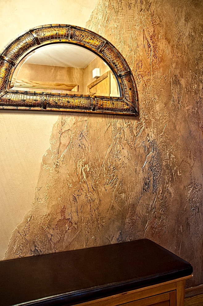 Vestibule - mid-sized dark wood floor vestibule idea in Phoenix with metallic walls
