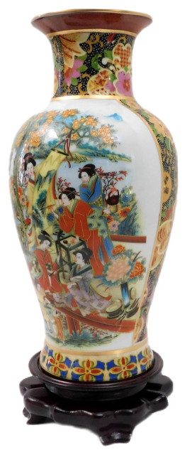 Japanese Satsuma Vase With Peacock and Geisha Design, 12" - Asian