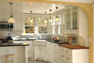 Recessed corner sink cabinet, with a low-divide sink set in Montgomery  counter - Transitional - Kitchen - Houston - by Bay Area Kitchens