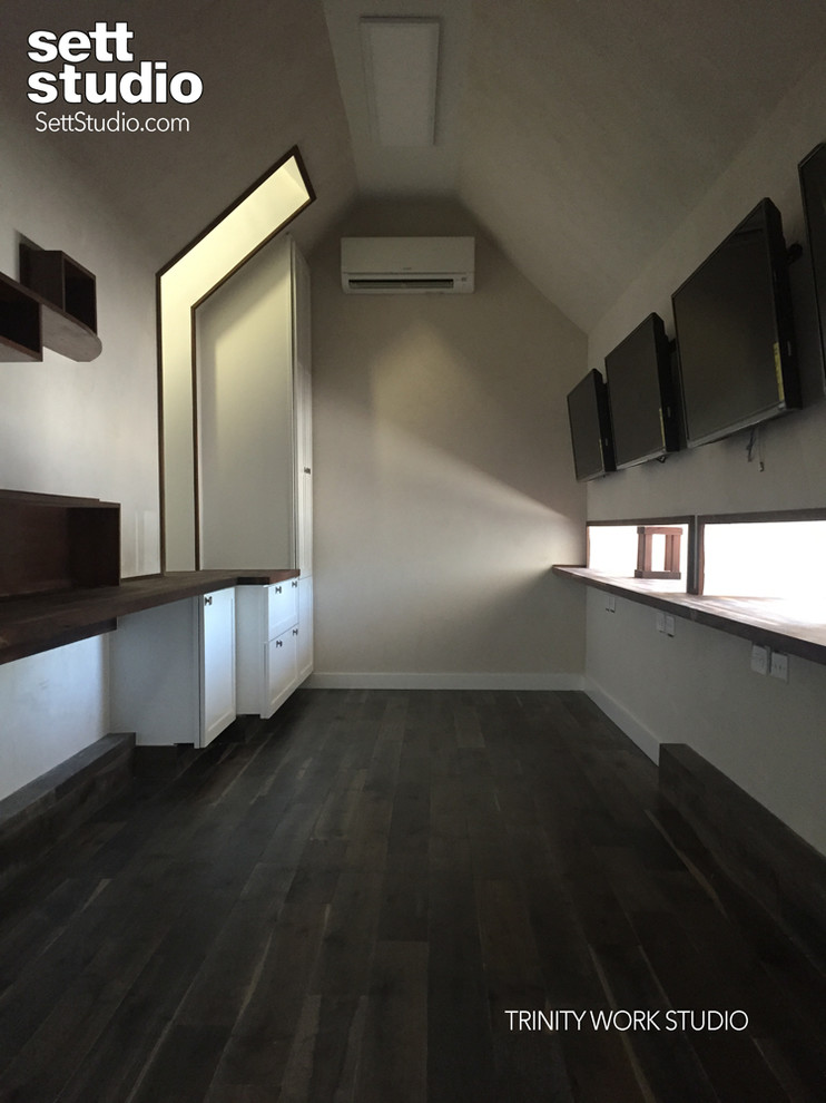 Example of a small minimalist dark wood floor foyer design in Austin with beige walls