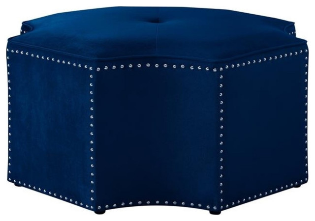 Posh Living Runrawin Velvet Upholstered Octagon Cocktail Ottoman in Navy Blue