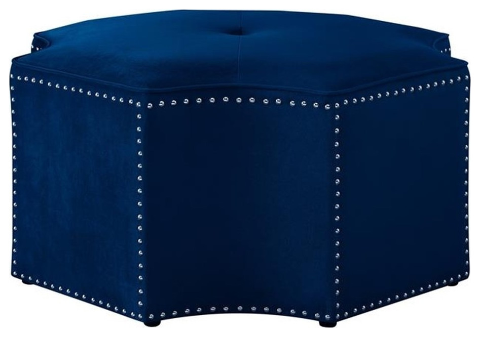 Posh Living Runrawin Velvet Upholstered Octagon Cocktail Ottoman in Navy Blue