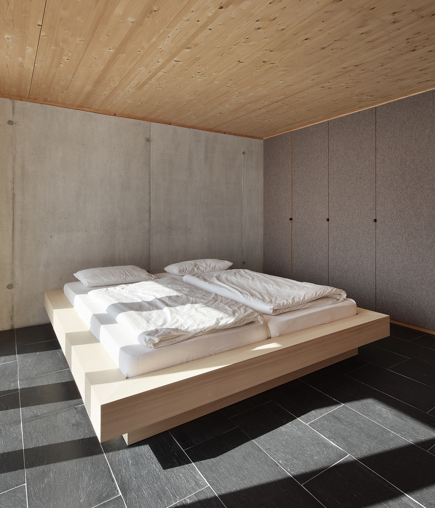 Modern bedroom in Other with grey walls and slate floors.