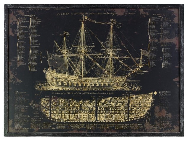 Wooden Rectangular Gicl e Print of "Galleon Blueprint" Wall Art, Black ...