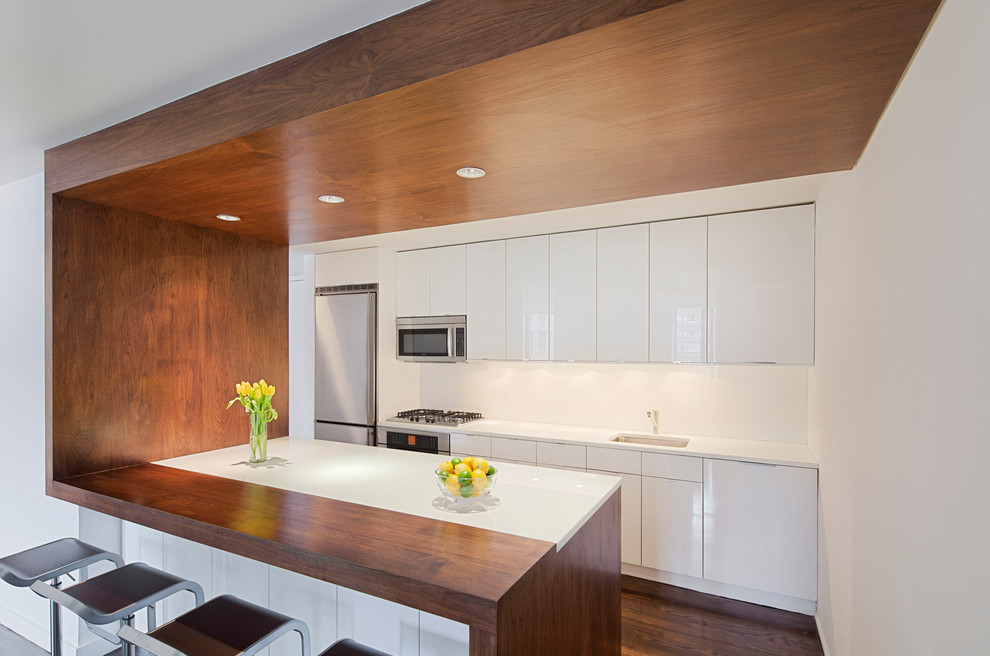 Mid-sized modern galley eat-in kitchen in New York with an undermount sink, flat-panel cabinets, white cabinets, recycled glass benchtops, white splashback, glass sheet splashback, stainless steel appliances, dark hardwood floors, a peninsula and brown floor.