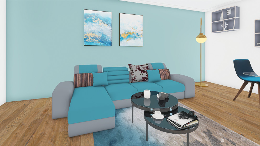 Foto di un soggiorno minimalista di medie dimensioni e chiuso con pareti blu, parquet scuro, nessun camino, nessuna TV e pavimento arancione