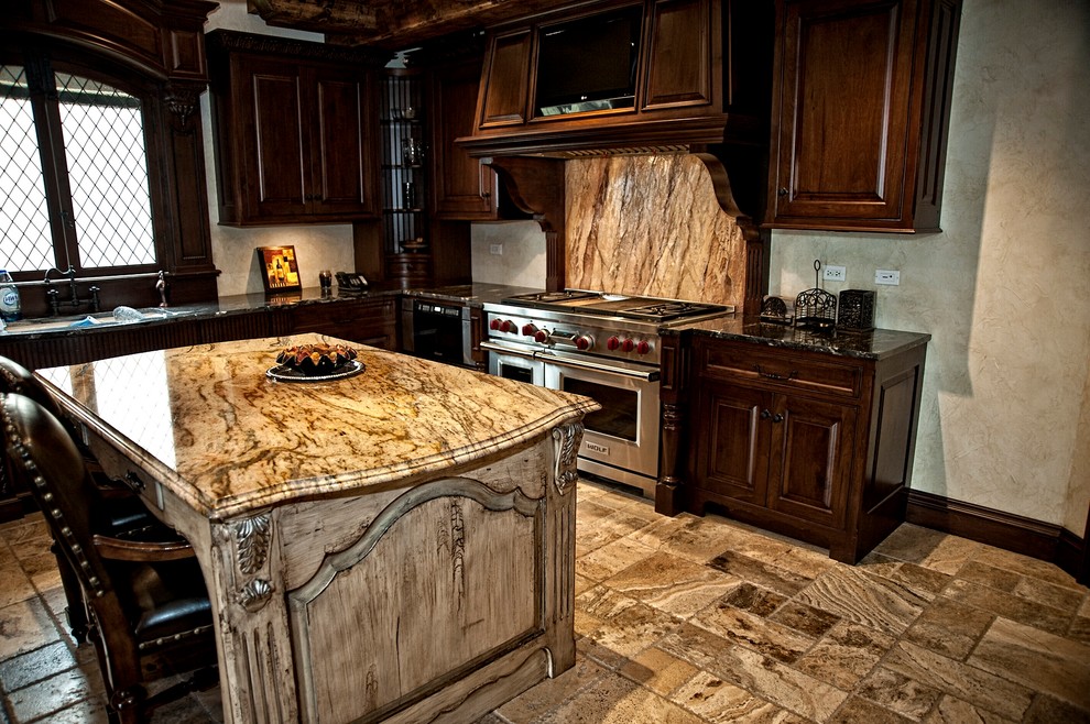 Eat-in kitchen - large traditional u-shaped limestone floor eat-in kitchen idea in Phoenix with an undermount sink, open cabinets, dark wood cabinets, granite countertops, multicolored backsplash, stone slab backsplash, stainless steel appliances and an island