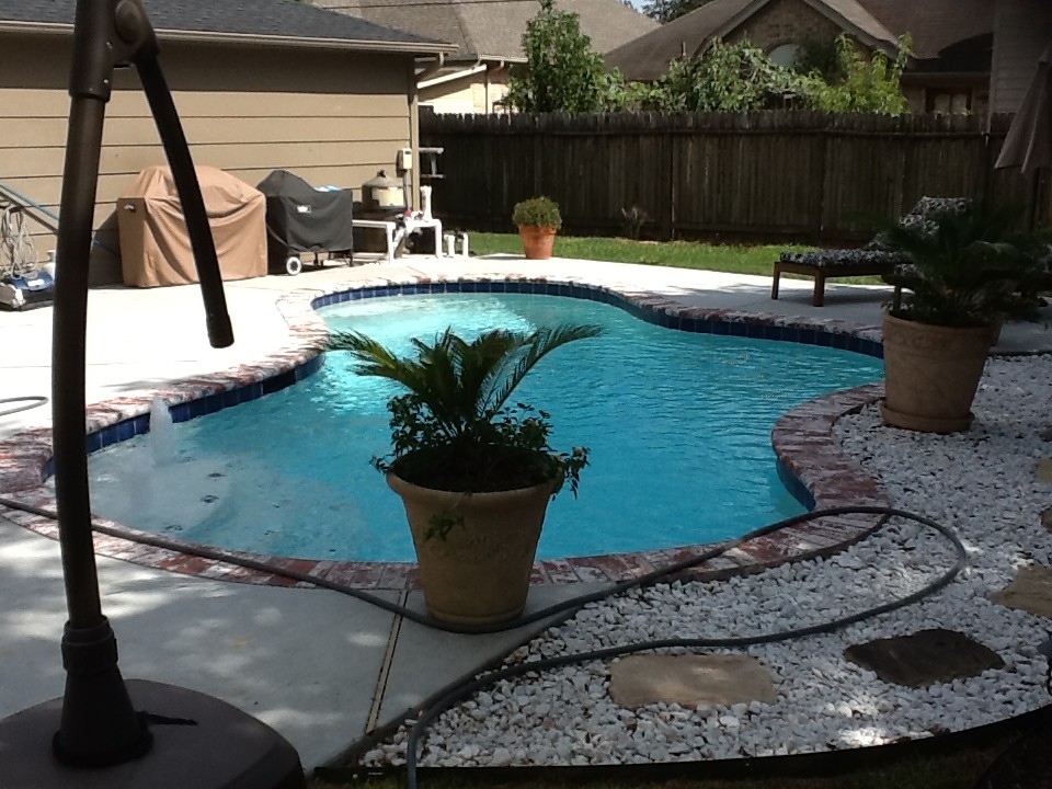 Design ideas for a small traditional backyard custom-shaped pool in Houston with concrete slab.