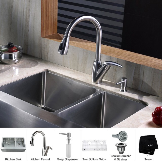 Kraus 33 inch Farmhouse Double Bowl Stainless Steel Kitchen Sink with Kitchen Fa
