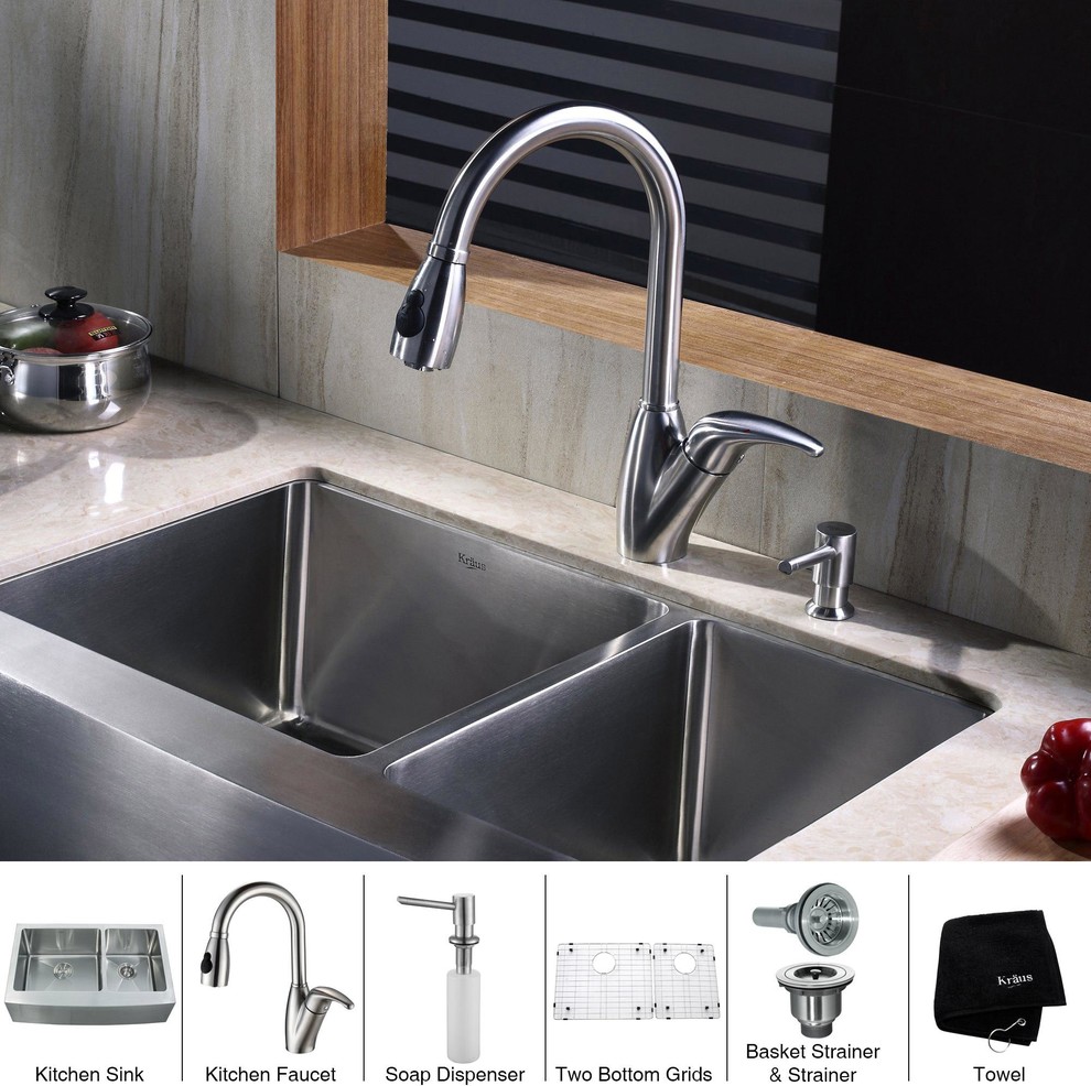 Kraus 33 inch Farmhouse Double Bowl Stainless Steel Kitchen Sink with Kitchen Fa