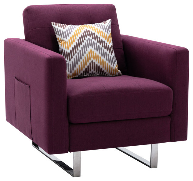 Victoria Linen Fabric Armchair With Metal Legs, Side Pockets and Pillow, Purple