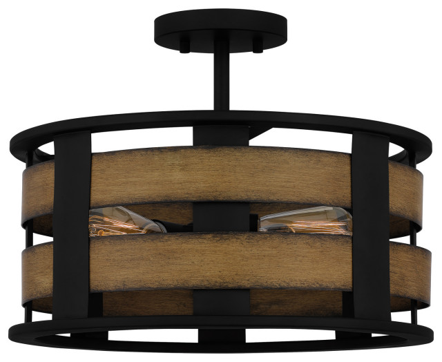 Milton Three Light Semi Flush Mount, Matte Black Industrial Flush