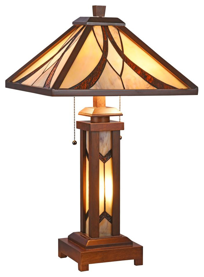 GORDON Tiffany-style Mission 3 Light Double Lit Wooden Table Lamp 15 Shade