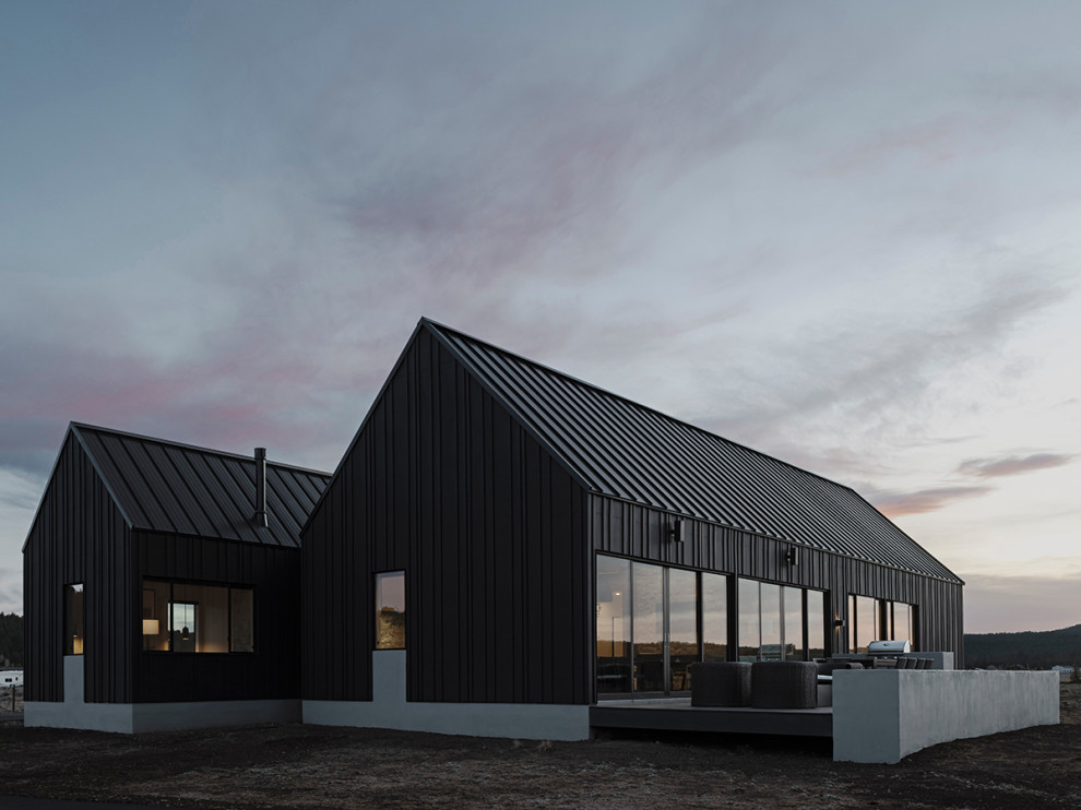 Réalisation d'une façade de maison noire champêtre en panneau de béton fibré et planches et couvre-joints de taille moyenne et de plain-pied avec un toit à deux pans, un toit en métal et un toit noir.