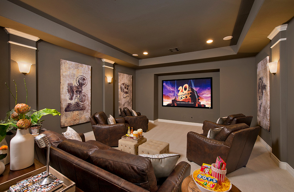 Photo of a traditional enclosed home theatre in Houston with brown walls, carpet and a wall-mounted tv.