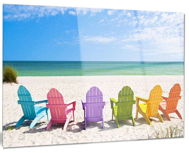 "Adirondack Beach Chairs" Seashore Photo Glossy Metal Wall Art, 28"x12
