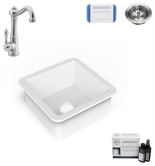 Amplify Undermount Fireclay 18.1" Bar Prep Sink, Marielle Faucet and Drain