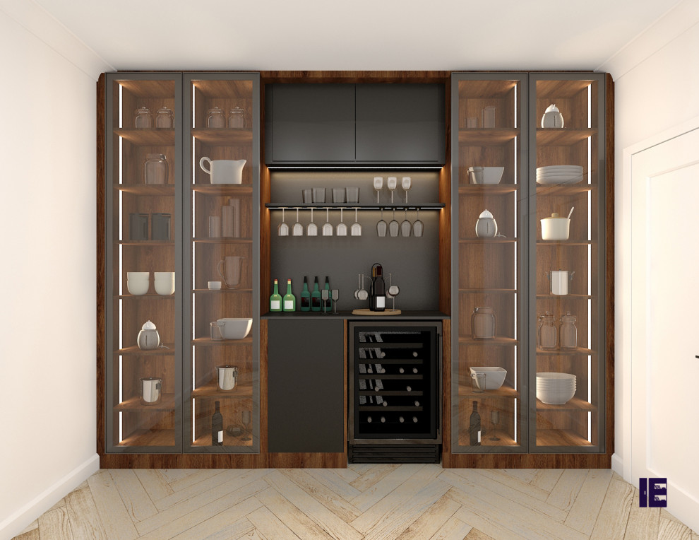 Inspiration for a small modern single-wall bar cart in London with glass-front cabinets and brown cabinets.