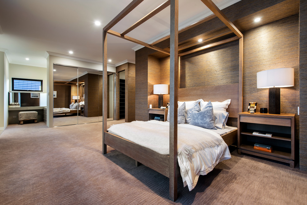 This is an example of a contemporary master bedroom in Perth with brown walls, carpet and no fireplace.