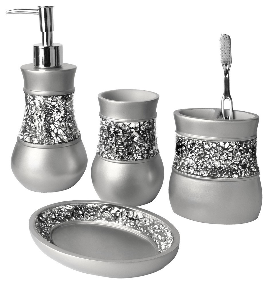 Crackled Glass and Nickel 4Piece Bath Accessory Set Contemporary