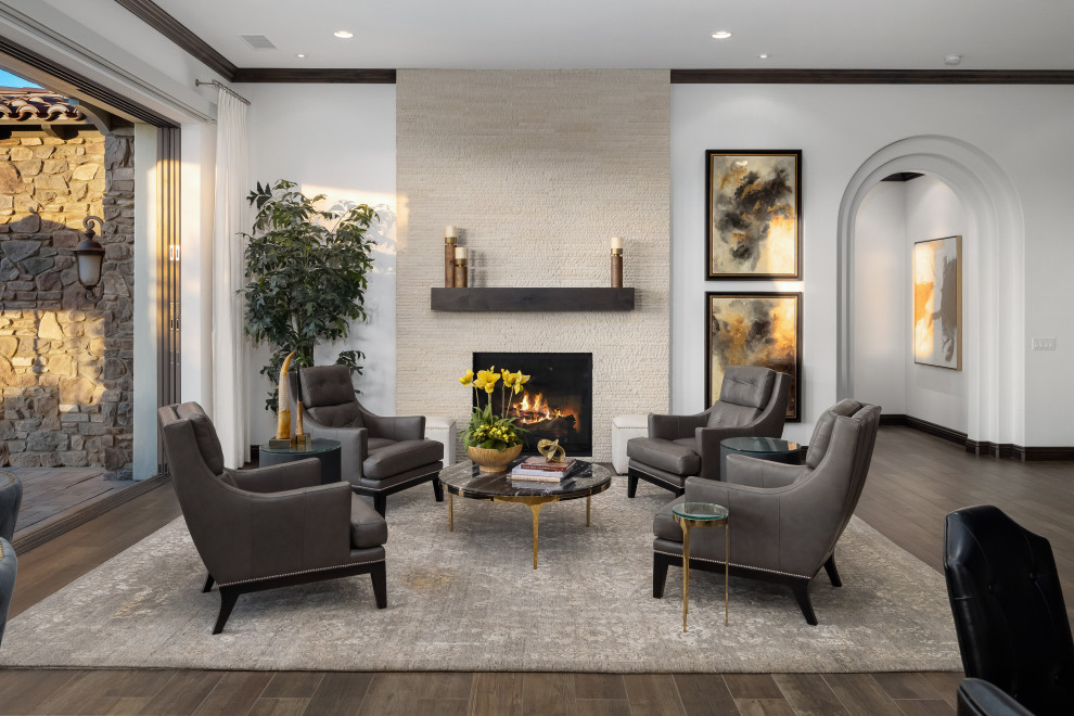 Design ideas for a large contemporary open plan living room in Other with white walls, ceramic flooring, a standard fireplace, a stacked stone fireplace surround, brown floors and exposed beams.