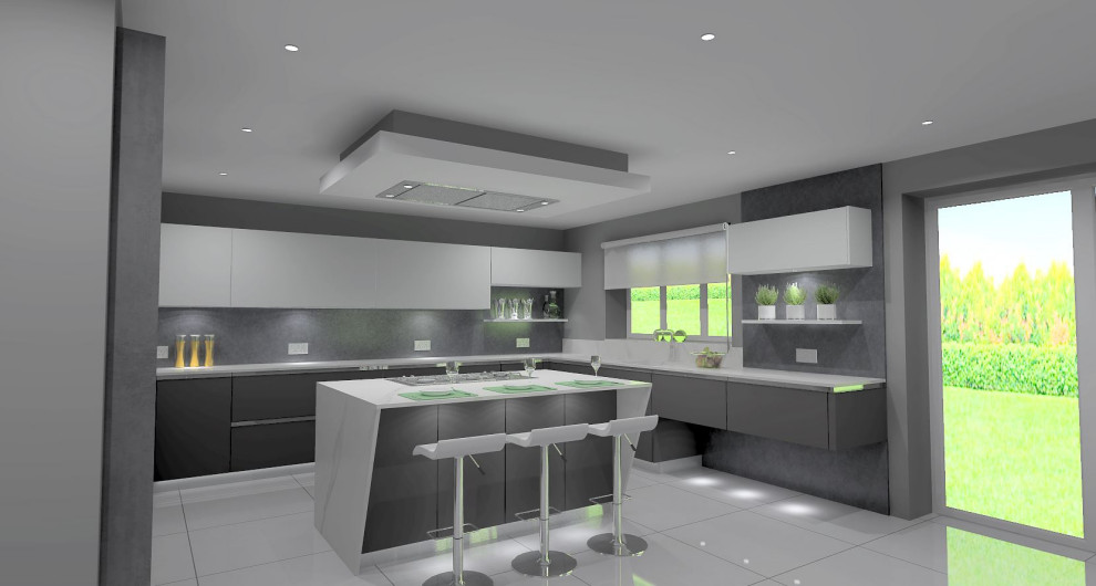 Design ideas for a large modern u-shaped open plan kitchen in West Midlands with flat-panel cabinets, grey cabinets, marble benchtops, with island and white benchtop.