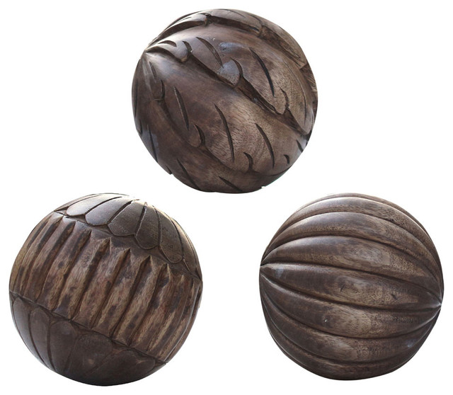 D5 Carved Mango Wood Spheres Balls Set Of 3 Contemporary