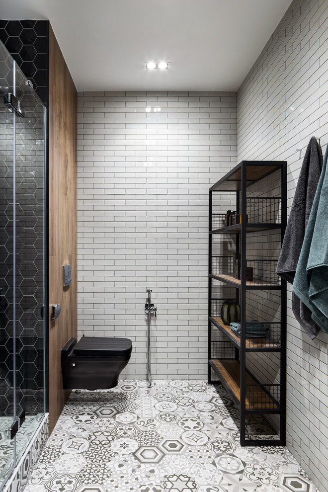 Large contemporary master bathroom in Moscow with dark wood cabinets, a wall-mount toilet, mosaic tile, grey walls, ceramic floors, solid surface benchtops, grey floor, open cabinets and white tile.