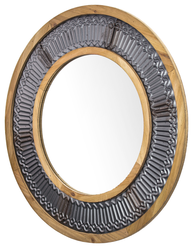 Rustic Wood and Metal Framed Wall Mirror Round (31"), 31" H x 31" L x
