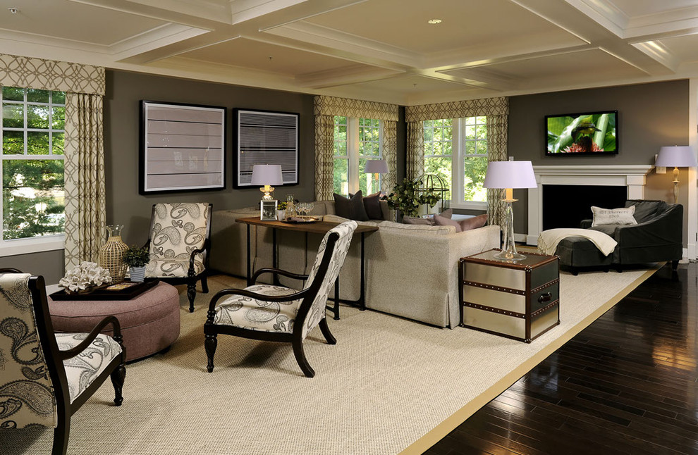 Transitional open concept living room in DC Metro with grey walls and a standard fireplace.