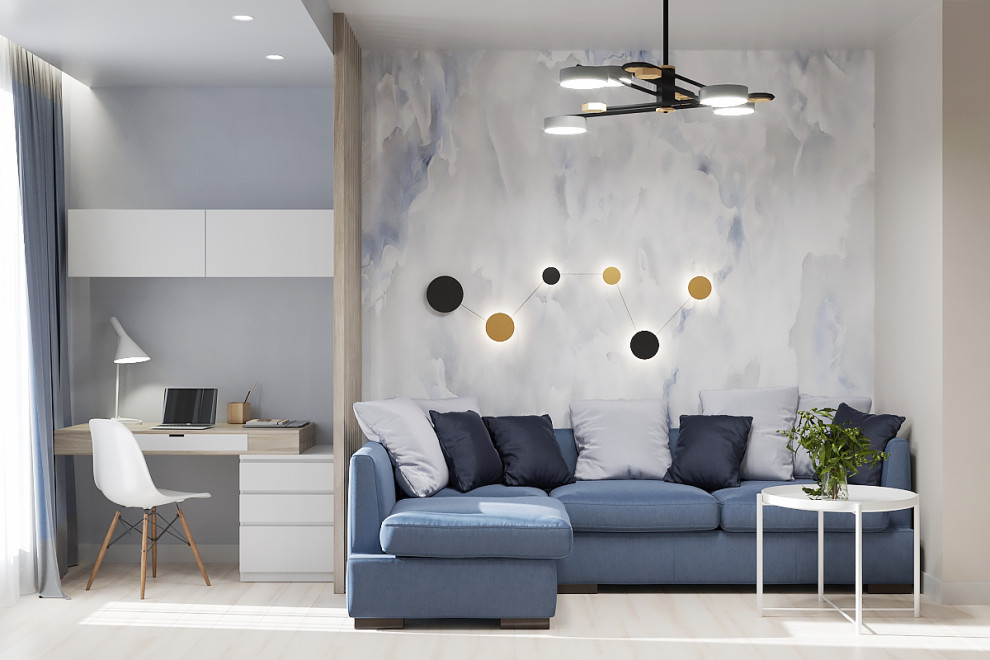 Уютная и светлая гостиная с рабочим местом