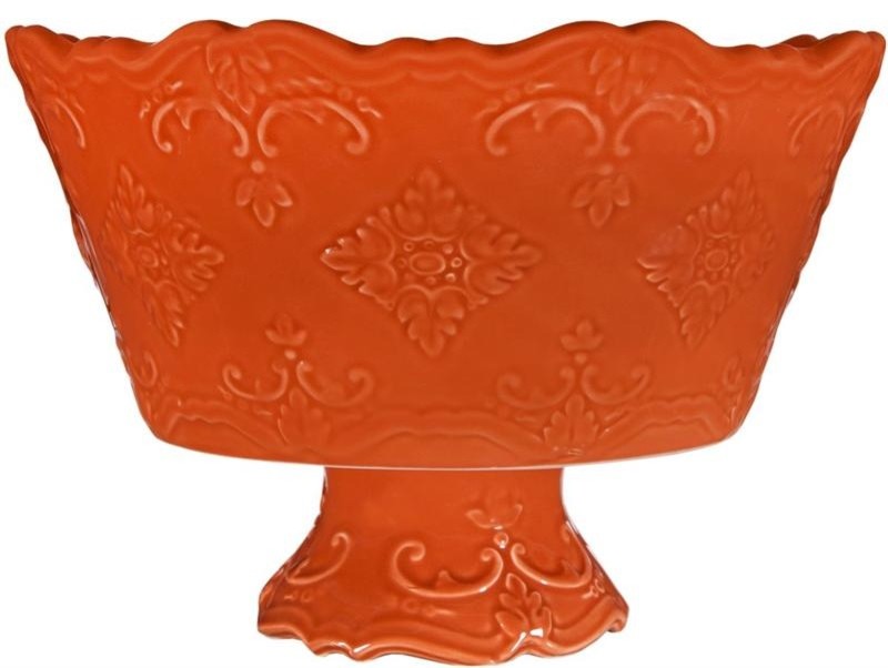 Fancy Scroll Ceramic Orange Footed Serving Bowl