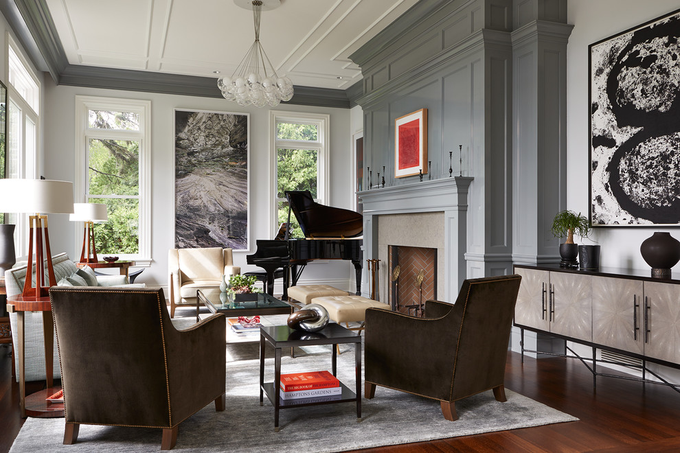 Inspiration for a transitional enclosed living room in Minneapolis with a music area, multi-coloured walls, medium hardwood floors, a standard fireplace and a brick fireplace surround.