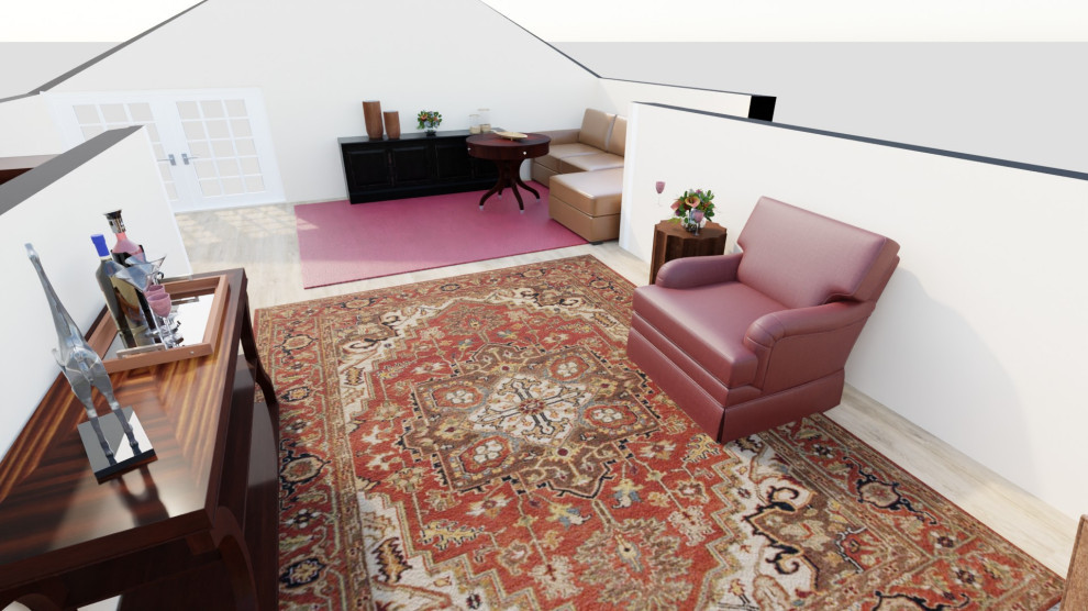 Kleines Rustikales Lesezimmer ohne Kamin mit schwarzer Wandfarbe, hellem Holzboden, Einbau-Schreibtisch, braunem Boden, freigelegten Dachbalken und vertäfelten Wänden in Portland Maine