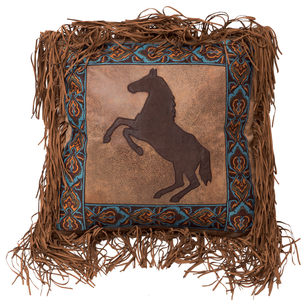 Rearing Horse Faux Leather Fringe Pillow Southwestern Decorative