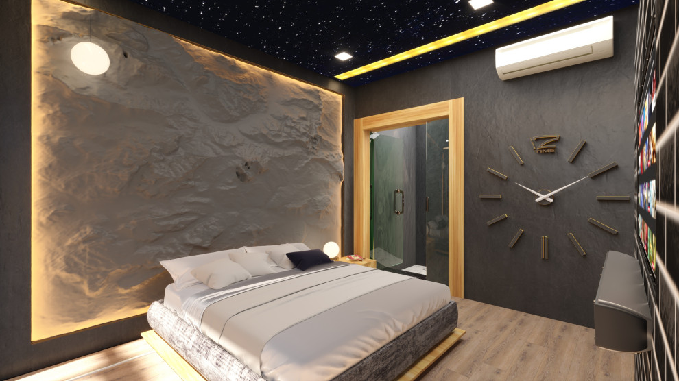 Modernes Hauptschlafzimmer mit schwarzer Wandfarbe, Sperrholzboden, Eckkamin, Kaminumrandung aus Stein, buntem Boden und Tapetendecke in Sonstige