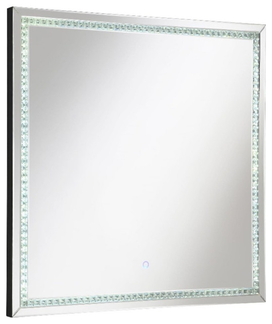 Pemberly Row Modern Glass Silver Square Wall Mirror with LED Lights