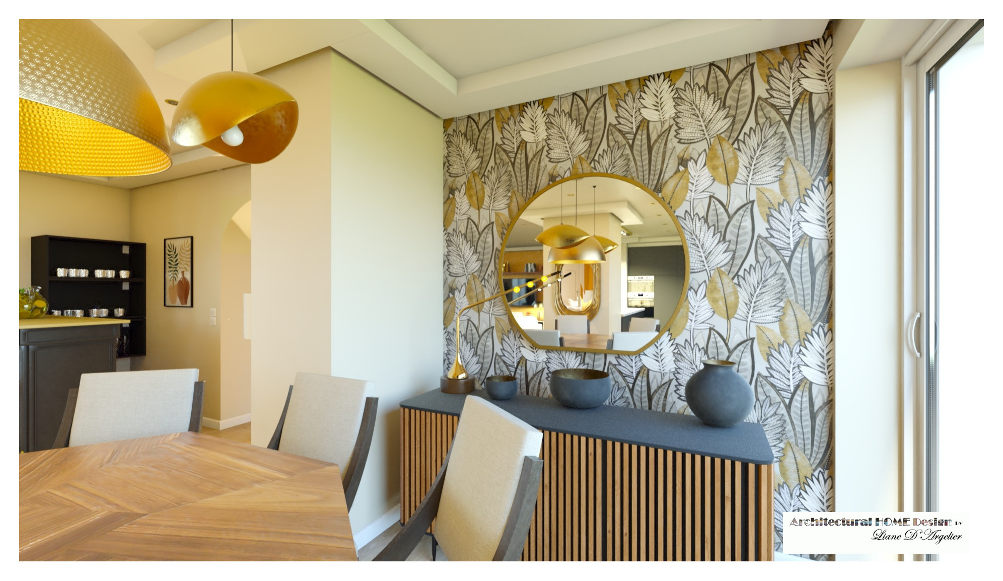 Living 60 m² chic avec cuisine ouverte.