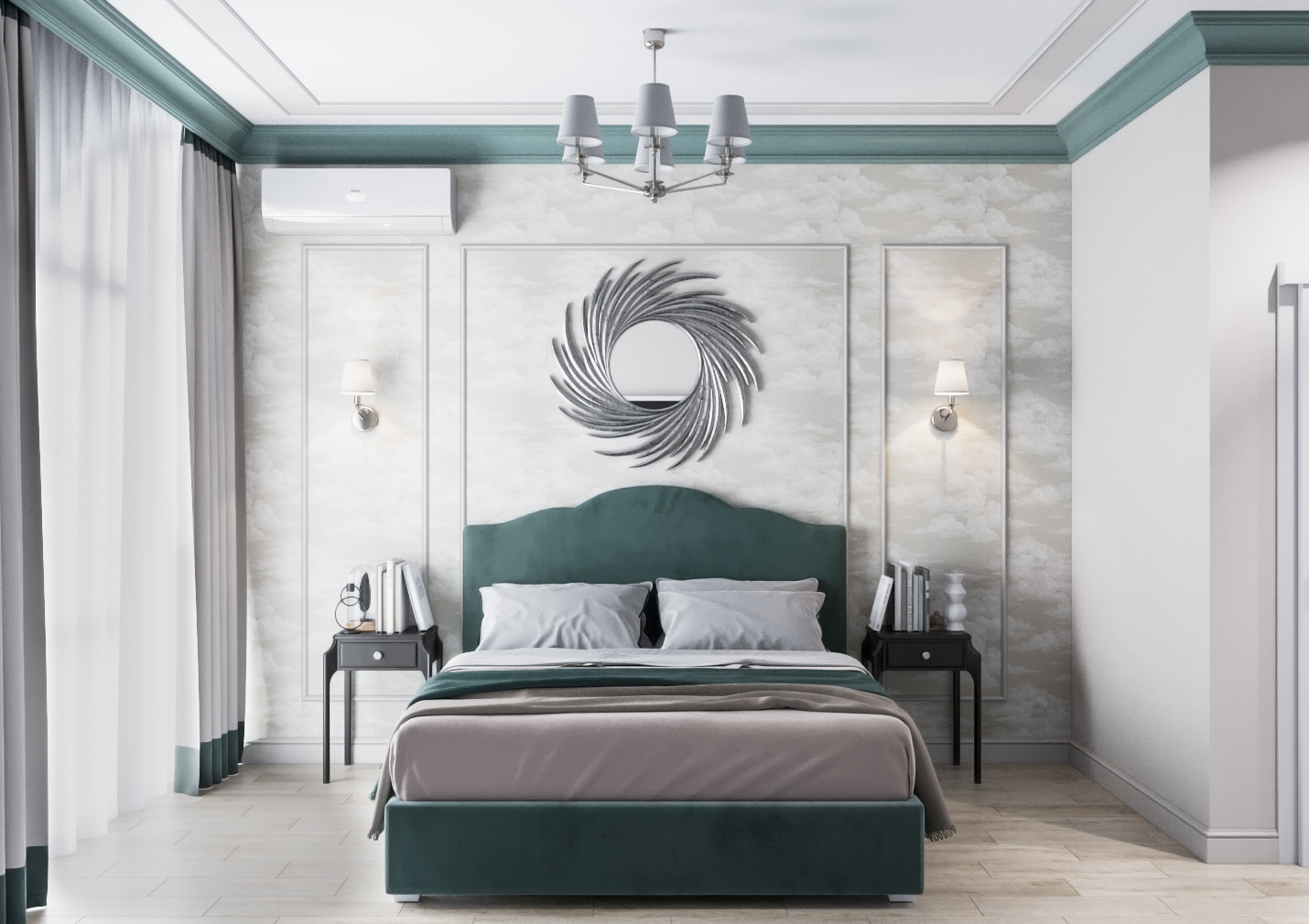 Дизайн интерьера в неоклассике с зелеными акцентами