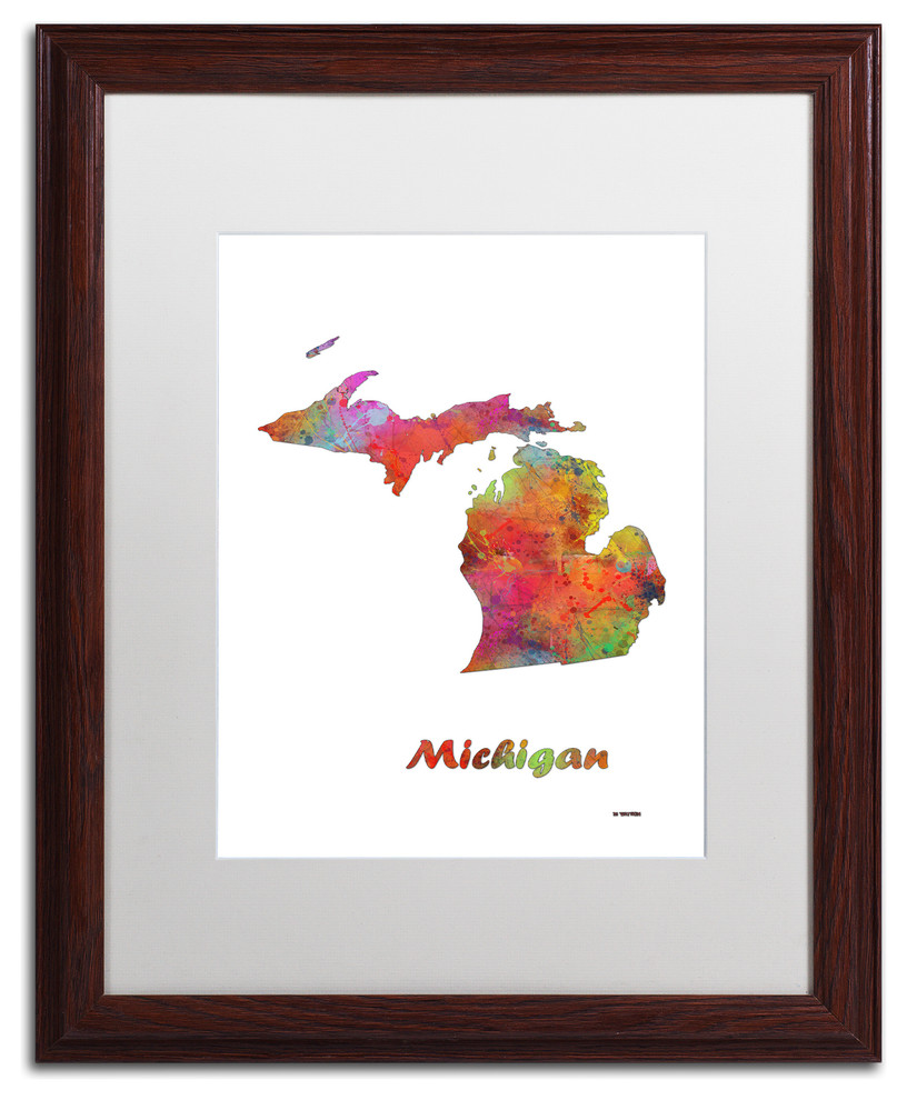Marlene Watson 'Michigan State Map-1' Art, Wood Frame, 16"x20", White Matte