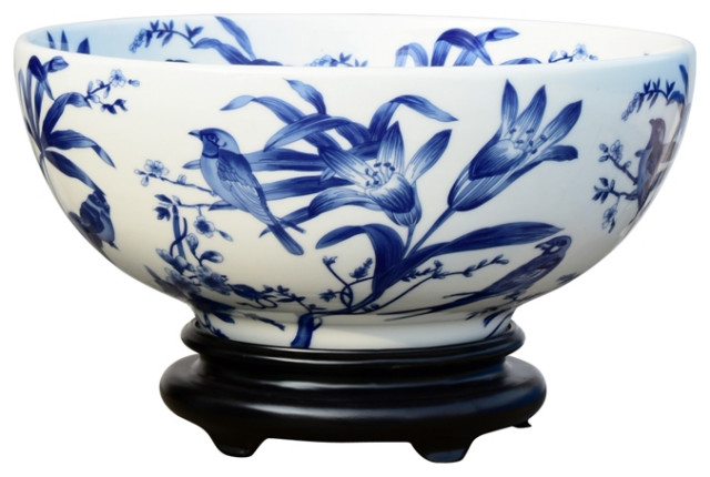 Chinese Blue and White Floral Bird Pattern Porcelain Bowl With Base 14"