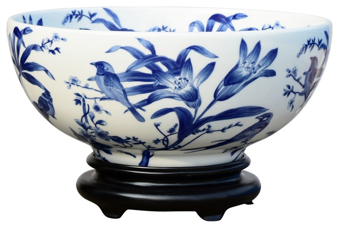 Chinese Blue and White Floral Bird Pattern Porcelain Bowl With Base 14"