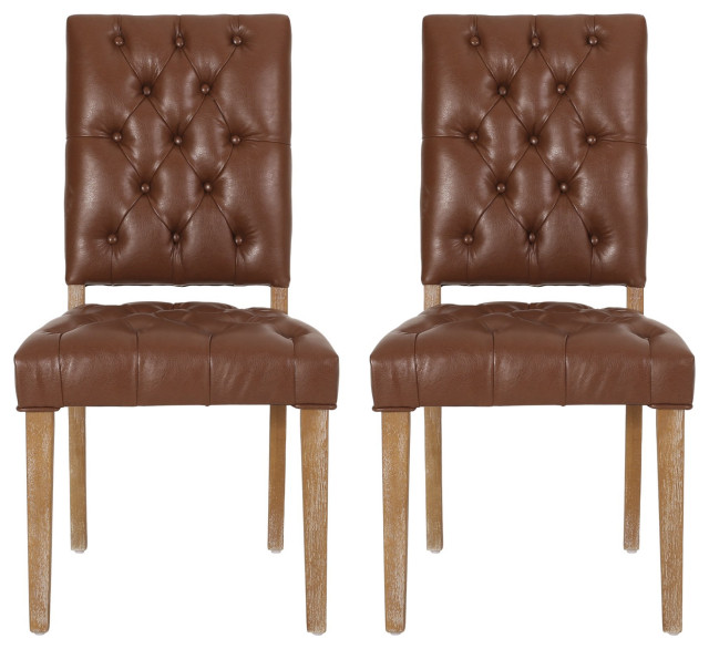 2 Pack Dining Chair, PU Leather Seat & Back With Deep Button Tufting, Cognac
