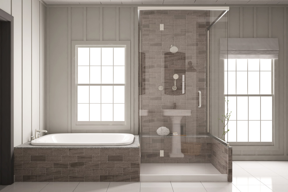 Mid-sized elegant brown tile and ceramic tile vinyl floor and white floor drop-in bathtub photo in Toronto with white walls, a pedestal sink and a hinged shower door