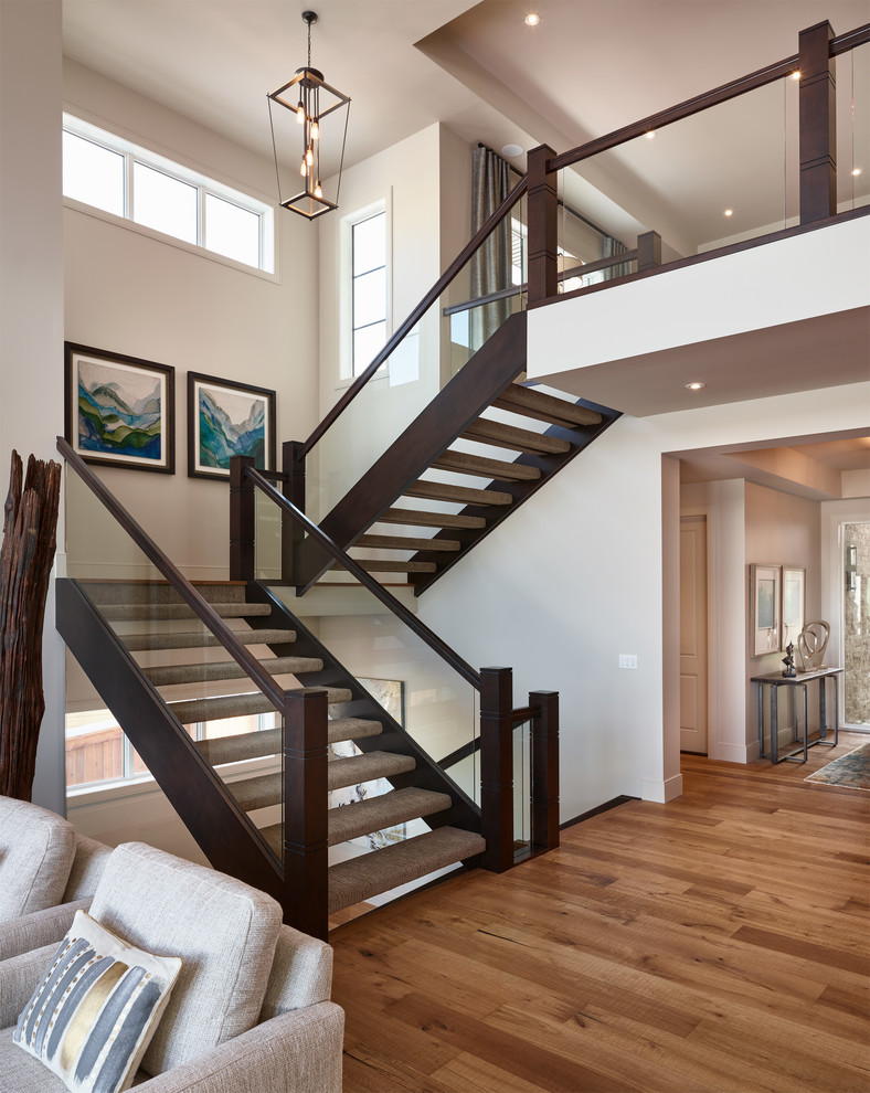 Design ideas for a transitional staircase in Calgary.