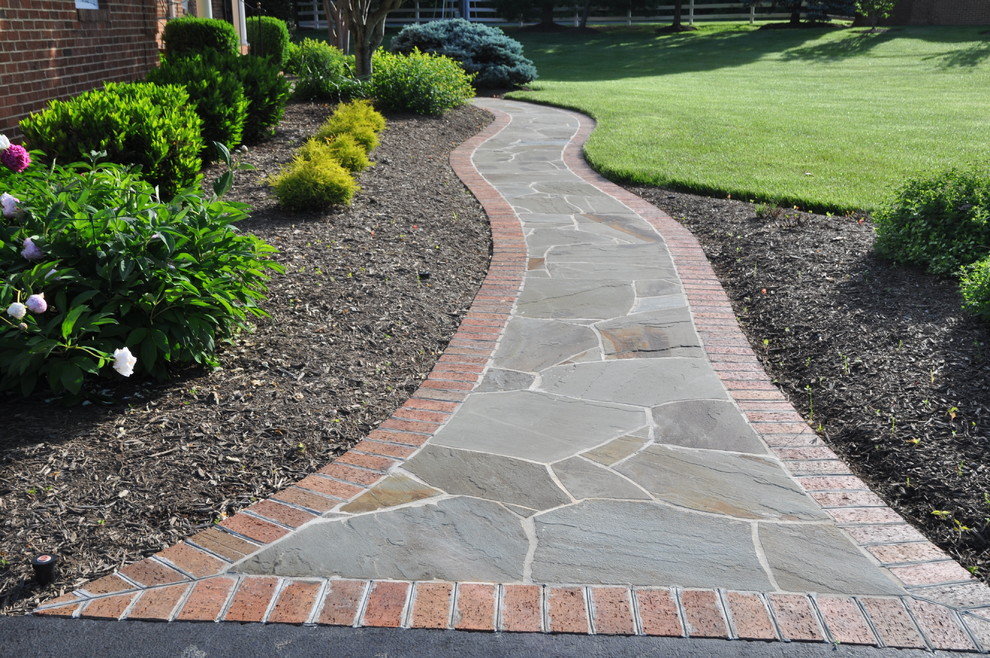 Irregular Flagstone Walkway w/ Brick Border on Concrete Base Garden DC Metro by Art