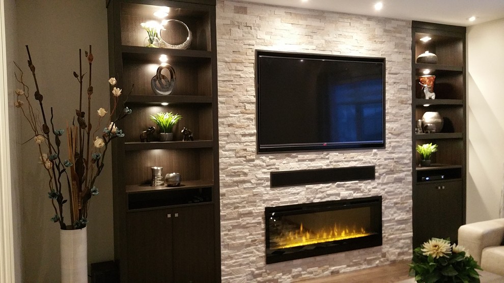 Large contemporary formal open concept living room in Montreal with white walls, dark hardwood floors, a standard fireplace, a stone fireplace surround and a wall-mounted tv.
