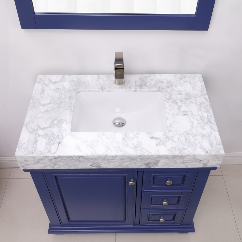 Design ideas for a small retro bathroom in Los Angeles with blue cabinets, marble worktops, a single sink and a freestanding vanity unit.