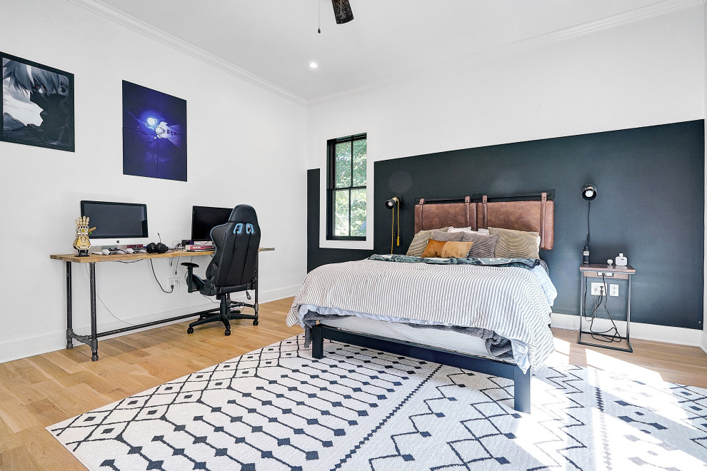 Teen Bedroom with Dark Accent Wall & Gaming Desk – Home Addition in Florham Park